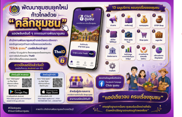 สำนักงานพัฒนาชุมชนอำเภอธวัชบุรี ขอเชิญชวนทุกท่านดาวน์โหลดแอปพลิเคชัน "Click ชุมชน" 